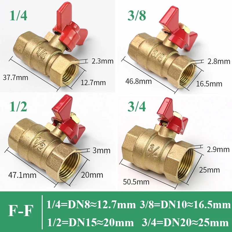 1/4" 3/8" 1/2" 3/4" Innengewinde auf Innengewinde Zweiwege-Kugelhahn aus Messing mit Schmetterlingsgriff für Kraftstoff, Gas, Wasser, Öl, Luft