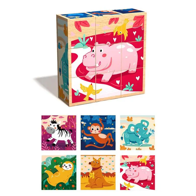 Animal Block Puzzle 3D Pattern Blocks 6-Sided Wooden Block Puzzle Toddler Montessori Learning Games Educational Interactive Toys