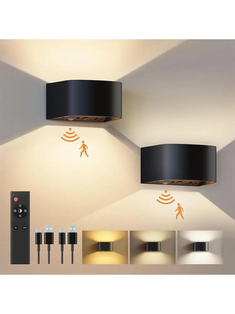 2PCS Motion Sensor Wand Licht 3 Farben Drahtlose Wand Lampe LED Indoor Up Und Down Wandleuchte 4000mAh helligkeit Einstellbar