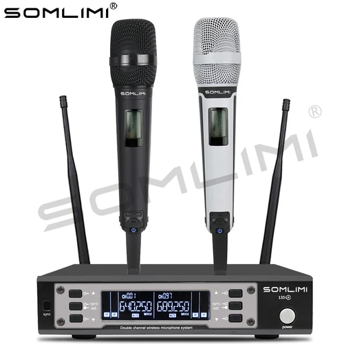 Imagen 2 del producto SOMLIMI EW135G4 UHF canales duales sistema con micrófono inalámbrico profesional puesta en escena dinámica de larga distancia de mano de Metal
