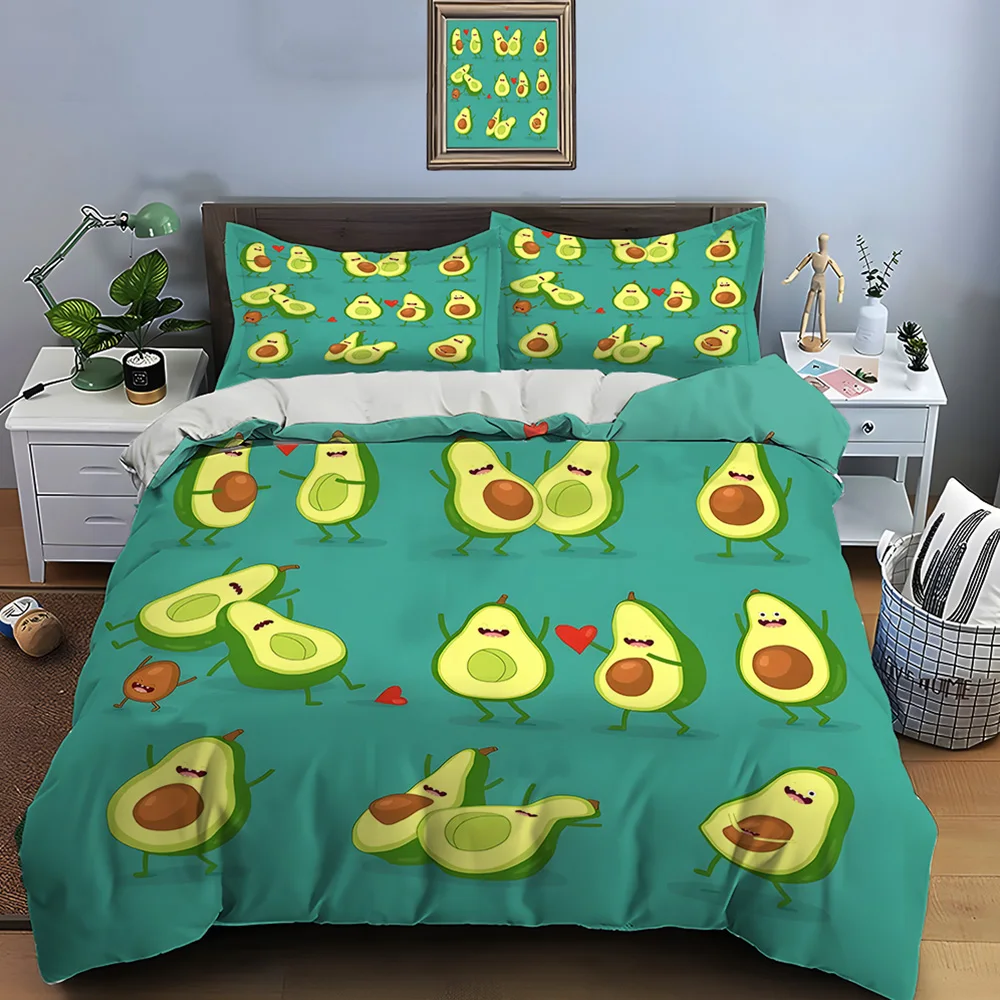 Animated avocados having fun Pattern Duvet Cover Set Digital Print Colorful Polyester Bedding with Zipper Closur for kids gift