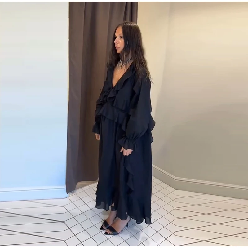 Elegant Ruffle Women's Dress Solid V Neck Full Lantern Sleeve Loose Long Casual Dresses New Street Beach Vacation Robe 2026