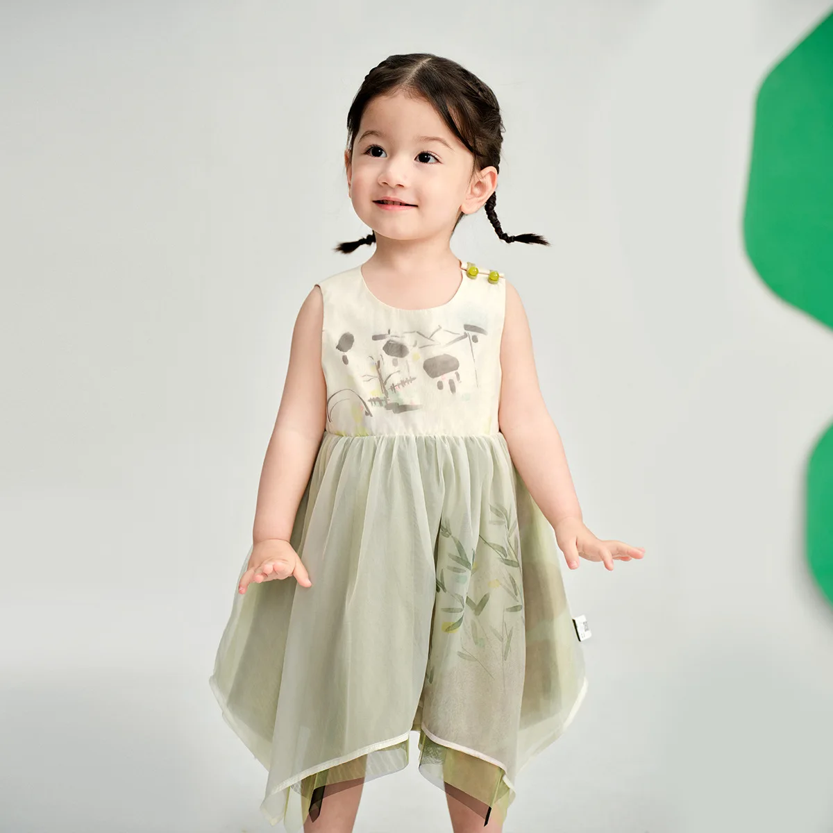 

Baby Girl Dress 2024 Summer New Girls Mesh Skirt Sub National Style Ink Print Vest Splicing Cute Fashion Comfort Casual Dress