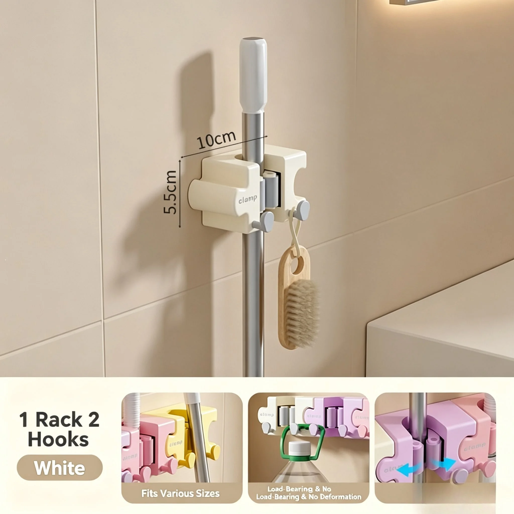 1pc/4pcs Puzzle Splicing Mop Broom Holder No‑Drill Wall‑Mount Macaron Self‑Adhesive Mop Clip w/ Hooks for Bath Kitchen Storage - view 3