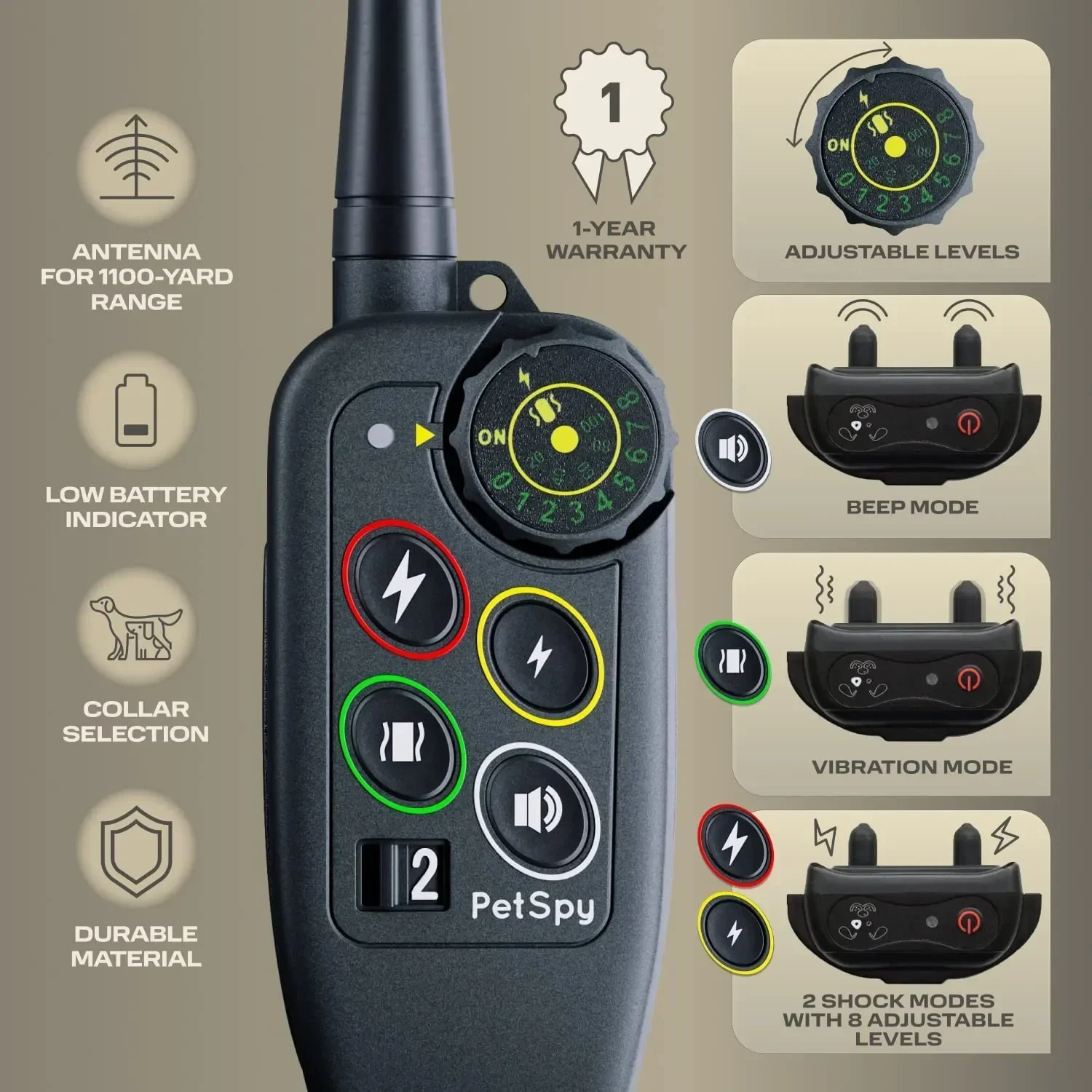 

1000m Dog Training Collar, IPX7 Waterproof Pet Bark Stop Electric Collar, Remote Control for All Dogs Shock Vibration Sound