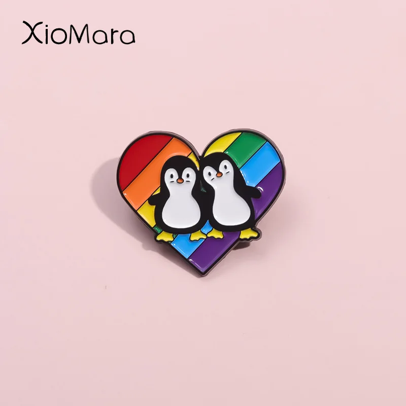 

Lovely Couple Penguins Enamel Pins Custom Love And Pride Rainbow Heart Brooch Lapel Badges LGBT Jewelry Gift For Favorite Person