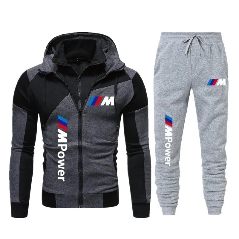 BMW Logo Men's Sports Suit Double Zipper Two-Piece Sports Suit Men's Jacket Sports Suit BMW Hooded Sweatshirt+Pants New Model