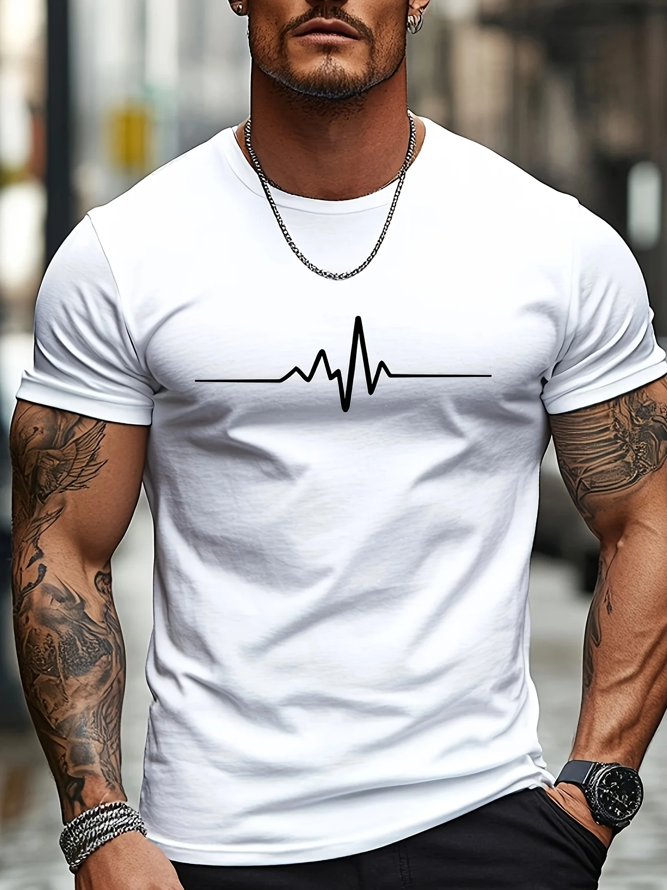 Loose minimal summer ECG heartbeat pulse print men's T-shirt, 100% cotton, clean dropped shoulder cut, street-style short-sleeve