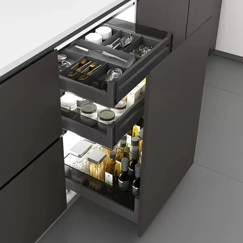 Kitchen cabinets, storage functions, tools, three-layer aluminum alloy basket, pot storage, drawer separation, seasoning basket