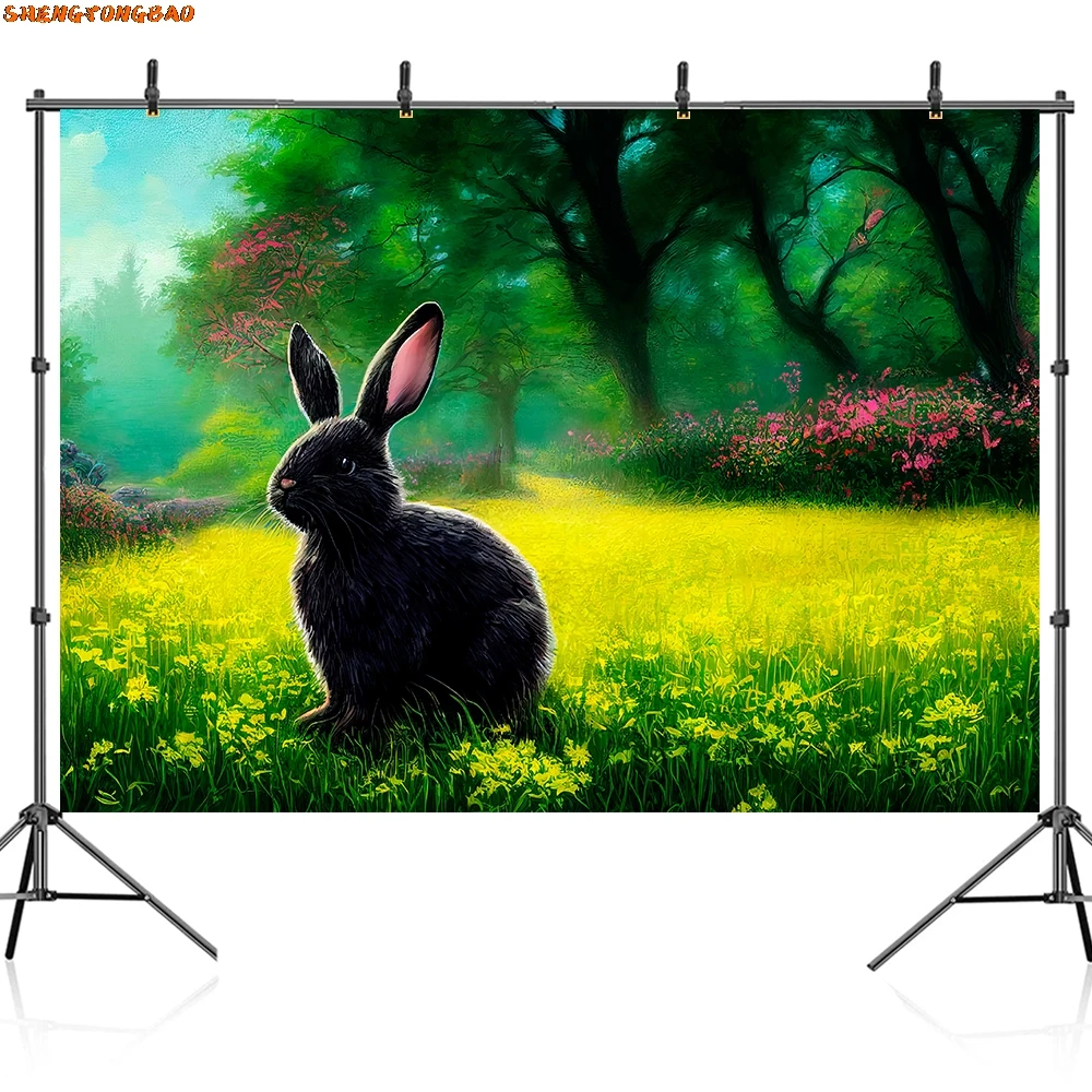 Easter Backdrop for Photography Bunny Rabbit Meadow Field Eggs Flowers Spring Baby Portrait Background Decoration Poster