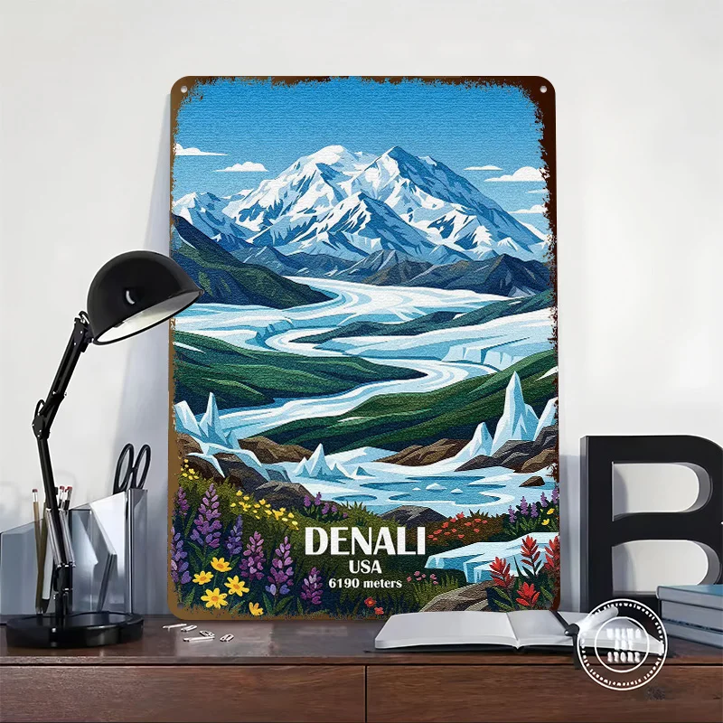 Denali National Park Travel Tinplate Poster Custom Wall Art Vintage Metal Signs Retro Tin Plaque for Office Decor Coffee Bar