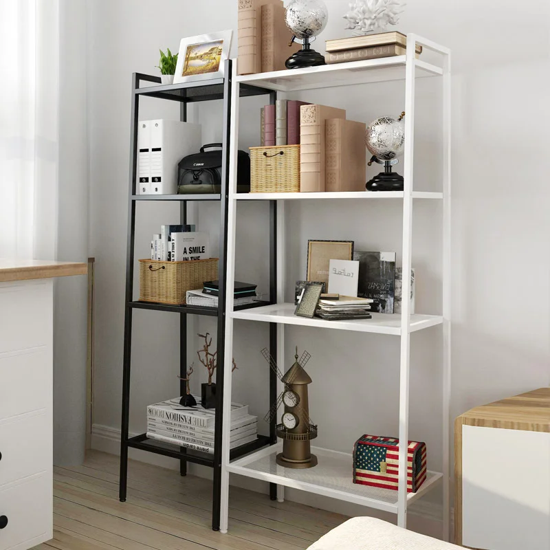 Simple And Safe Living Room Four-Layer Shelf Floor Storage Shelf Mesh Design Good Load-Bearing Bookcase Ladder Bookshelf