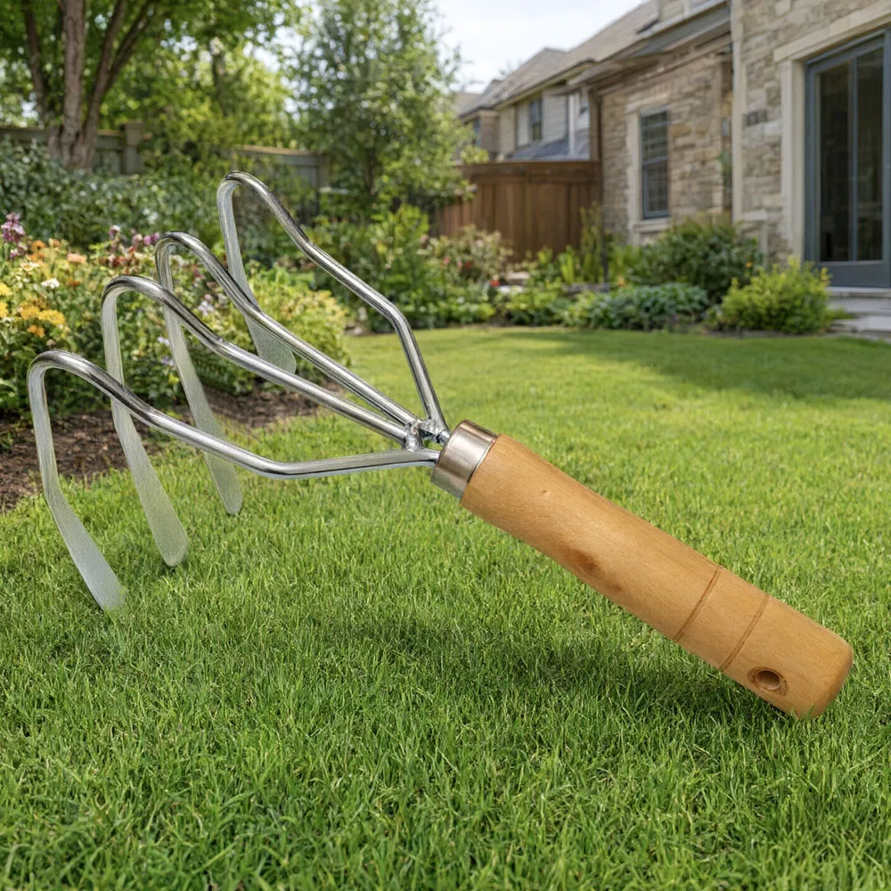 4-Tine Garden Hand Rake & Beach Sand Scoop Wooden Handle Metal Weeder for Soil Aeration Crab & Shellfish Digging, Lawn Care Tool