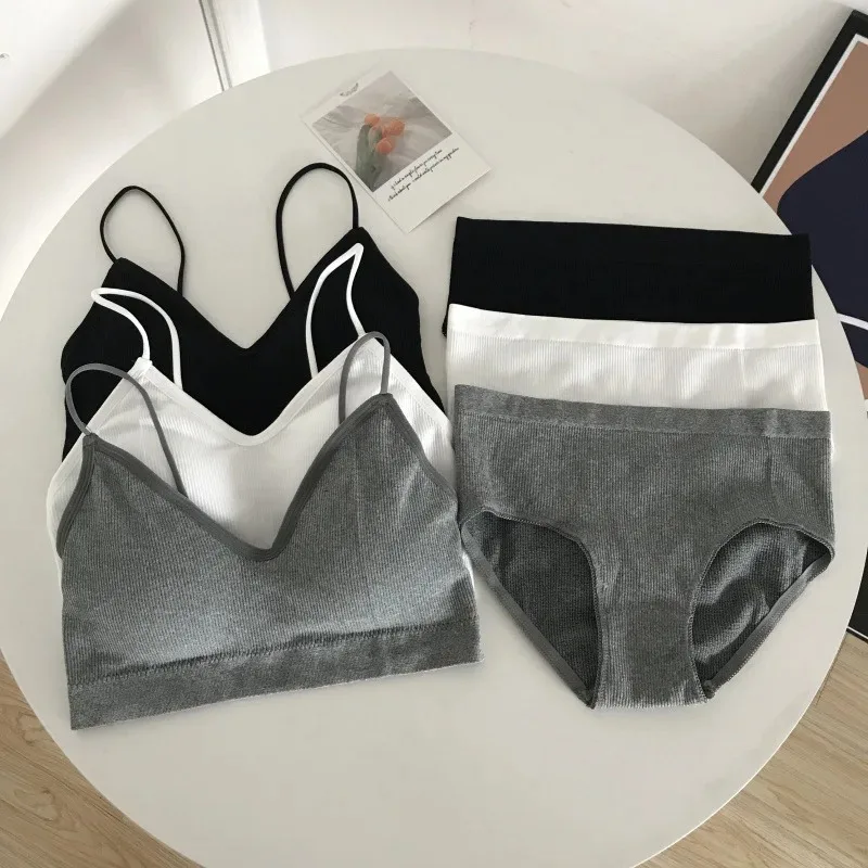 

Women's Sports Bra Set Underwear Bra Korean Style Push Up No Steel Ring Bra Sexy Tube Top High Elastic Panty Set