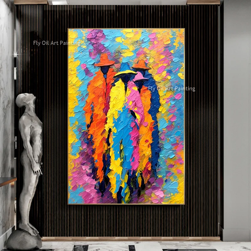 Colorful Crowd Figures Oil Painting Abstract People Palette Knife Canvas Wall Art Handmade Vertical Impasto Artwork