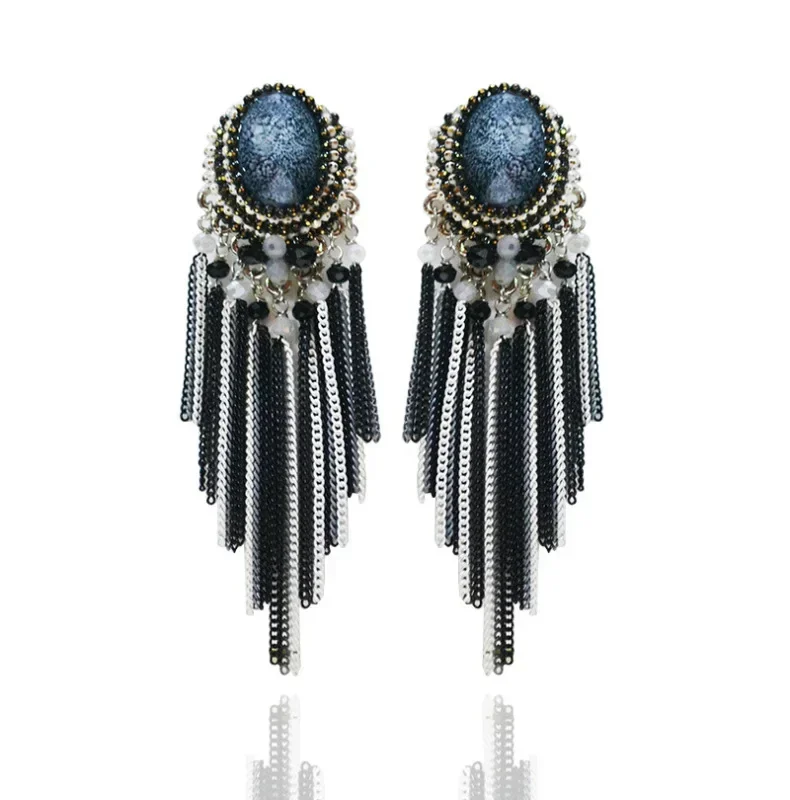 S925 الأقراط الطويلة العرقية المنسوجة يدويا البوهيمي الشرابة القرط للنساء