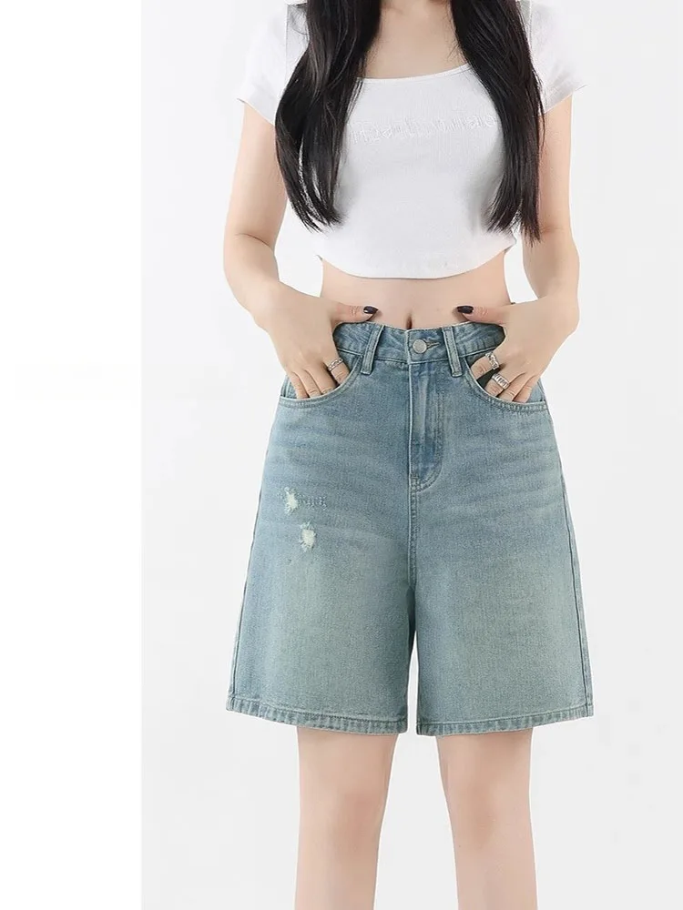 

Легкие рваные широкие джинсовые orts Женские свободные брюки грушевого типа для похудения с высокой талией и пятью дюймов Летние джинсы