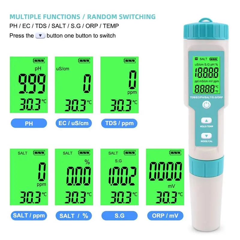 AS60-Thermometer Digital Water Quality Monitor Tester 7-In-1 PH Meter TDS EC ORP Salinity Specific Gravity