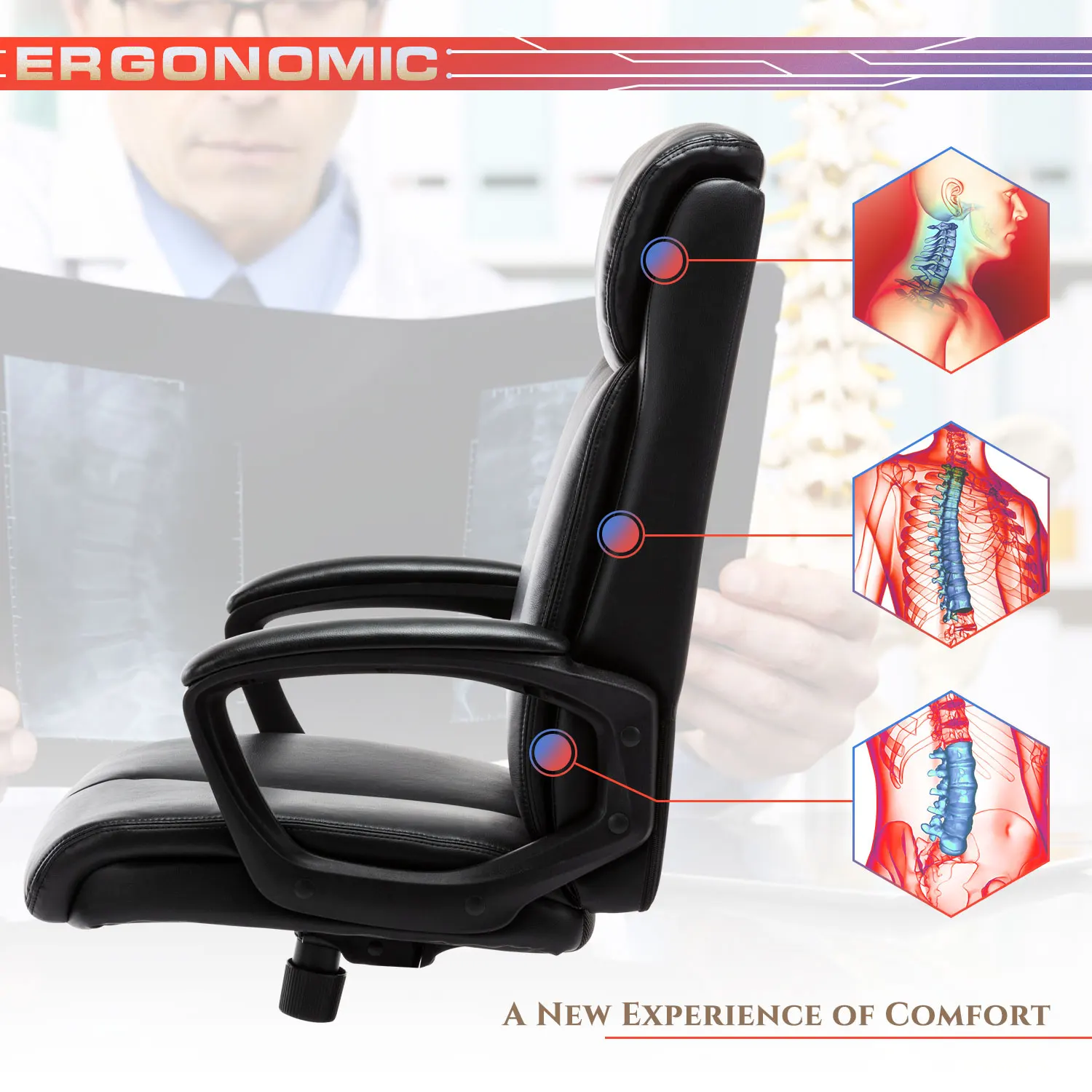 High Back Office Chair Executive Bonded Leather Computer Desk Swivel Task Chair W/Rocking Function Black[US-W]