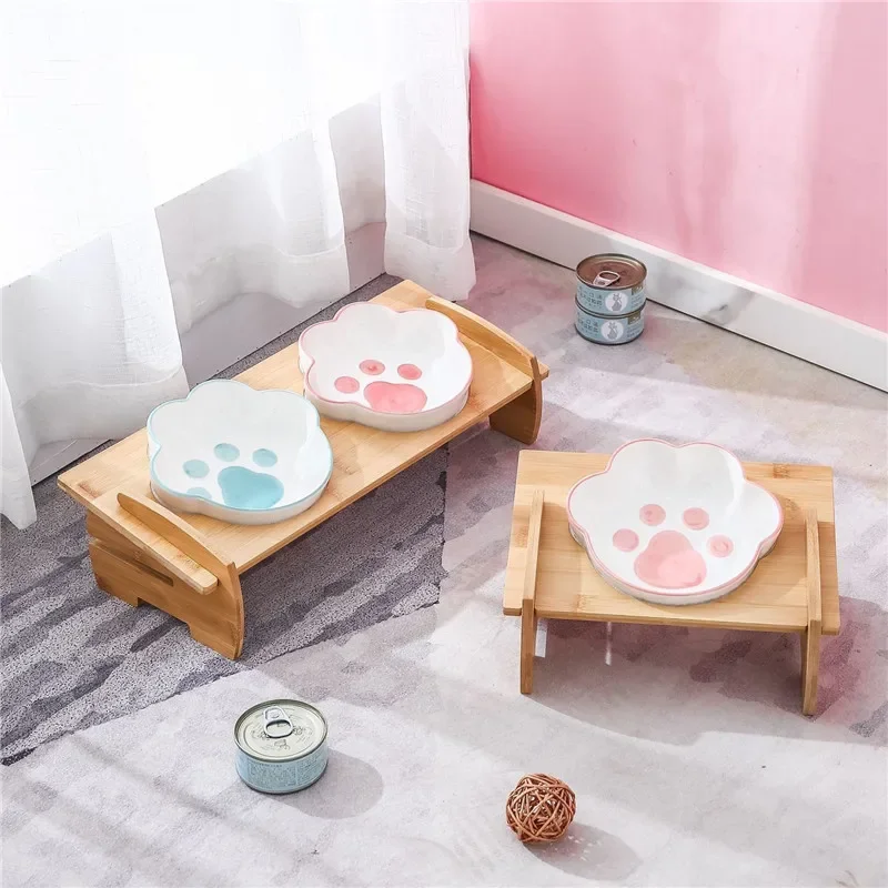 Dog Cat Pets Double Bowl Food Water Feeder Stand Raised Ceramic Dish Bowl Wooden Table Paw Shape Dog Feeder Pet Supplies
