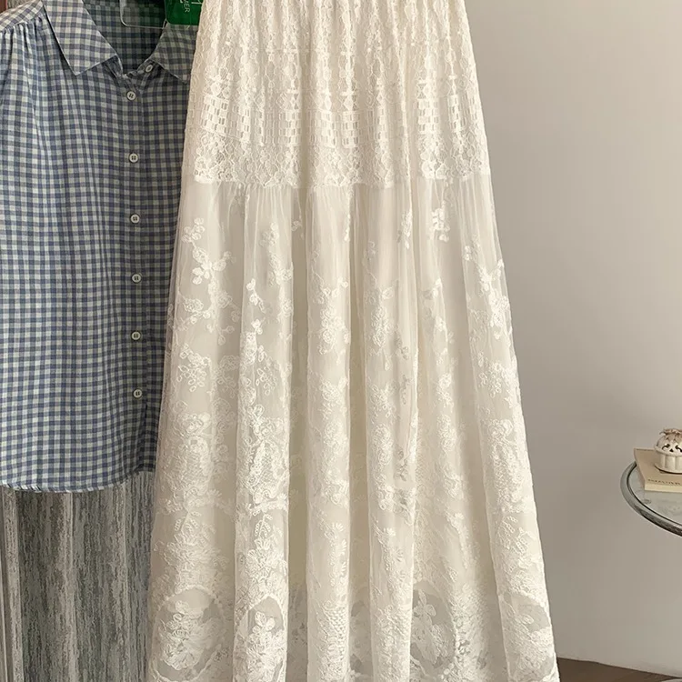 High Waist Lace Half Skirt Large Size New Chinese Style Pure Color Long Midi Skirt for Women Artistic National Trend