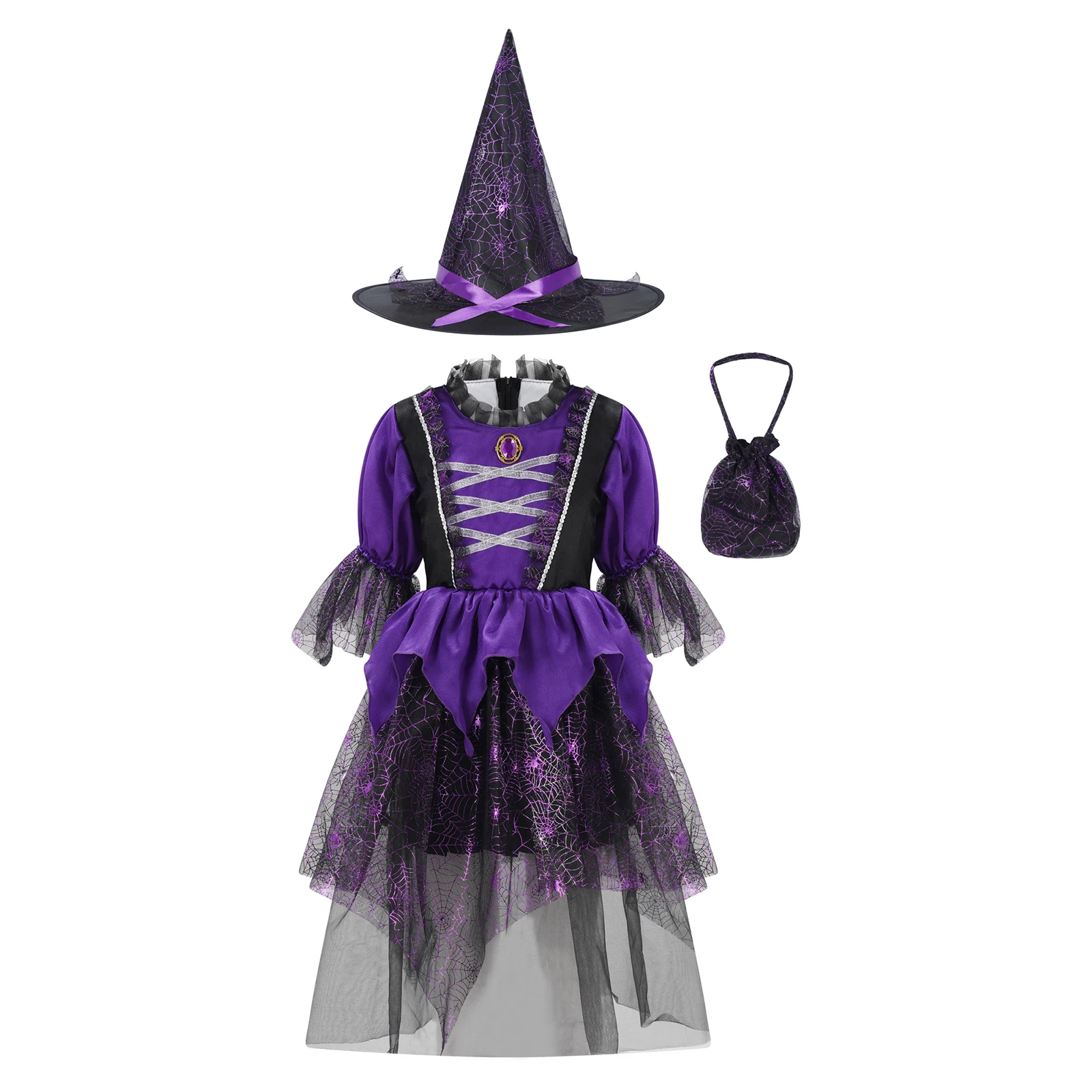 Kids Girls Halloween Witch Cosplay Costumes Puff Sleeve Cobweb Print Jagged Tulle Dress Pointed Hat Candy Handbag Suit Cosplay