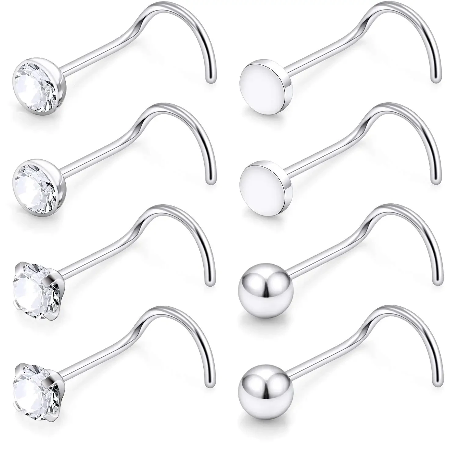 Anillos de nariz de acero inoxidable 8pcs para las mujeres Hombres Tornillo Nostril Piercing Joyería 1.5mm 2mm 2.5mm 3mm Bola CZ clara plana
