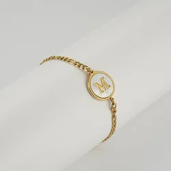 Stainless Steel Shell Initial Letter Bracelet for Women Men Round A-Z Alphabet Bracelets Chain Adjustable Jewelry Waterproof