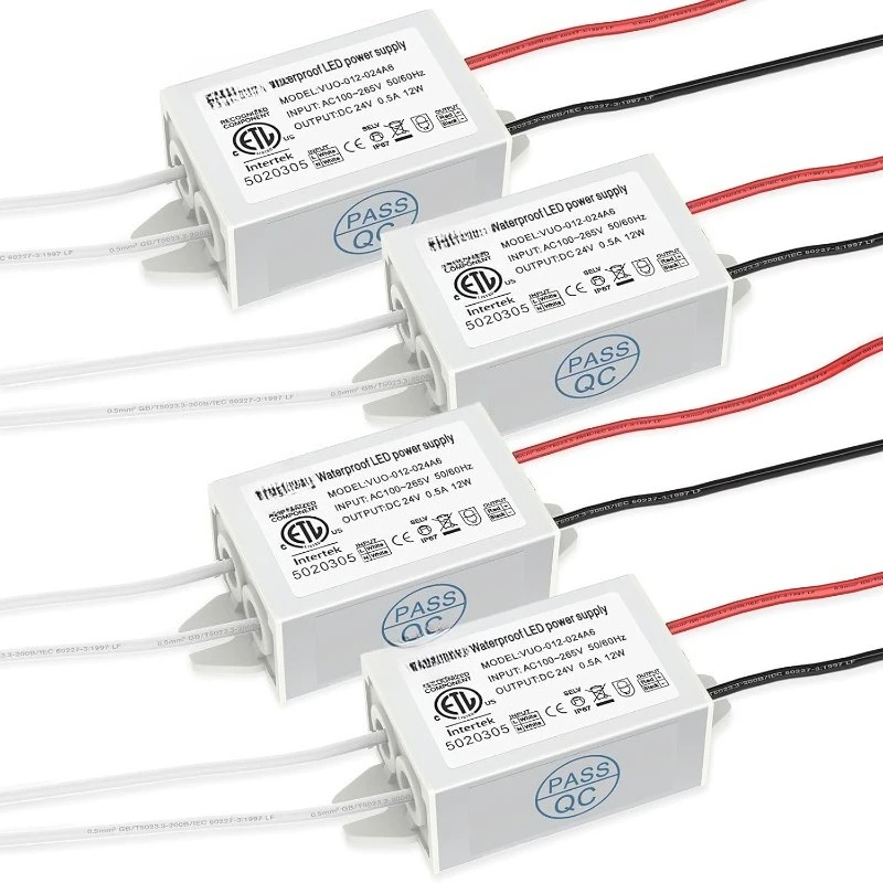 

Power Supply Driver 12W 4-Pack, ETL Listed Waterproof IP67 Low Voltage Transformer, 120V AC to 24V DC Conver