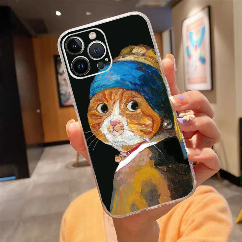 

Phone Case For iphone 17 Pro Max Air 16 15 14 13 Pro Max 15 16 Pro 15Plus Van Gogh Art Cat Case Funda Capa Cell