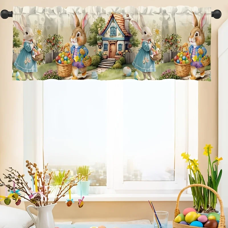 VIKAMA Easter Kitchen Curtain Rabbit Easter Egg Pole Bag Style Short Curtain Bedroom Half-Shaded Curtain Home Decoration