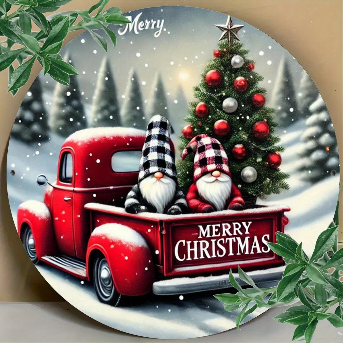 2D Flat, 1pc, Christmas Tree Red Truck with Dwarf Santa Claus, Round Iron Metal Sign, Suitable for Indoor and Outdoor, Bar, Coff