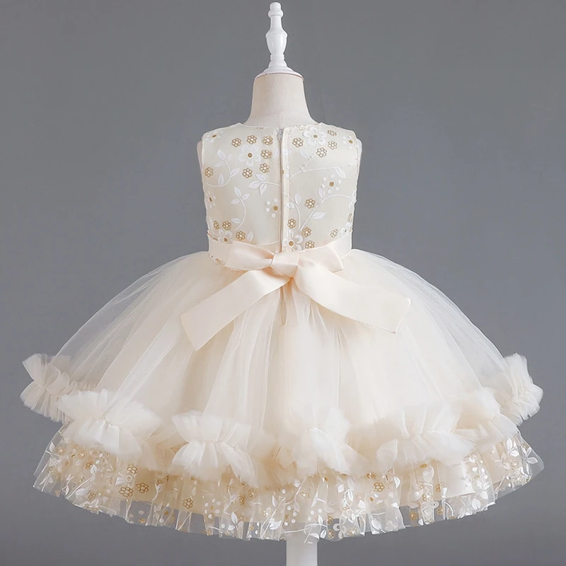 New Champagne Flower Girls' Dresses for Weddings Party Gala O-Neck Tulle Lace with Bow Kid's Birthday Princess Ball Gown 2023