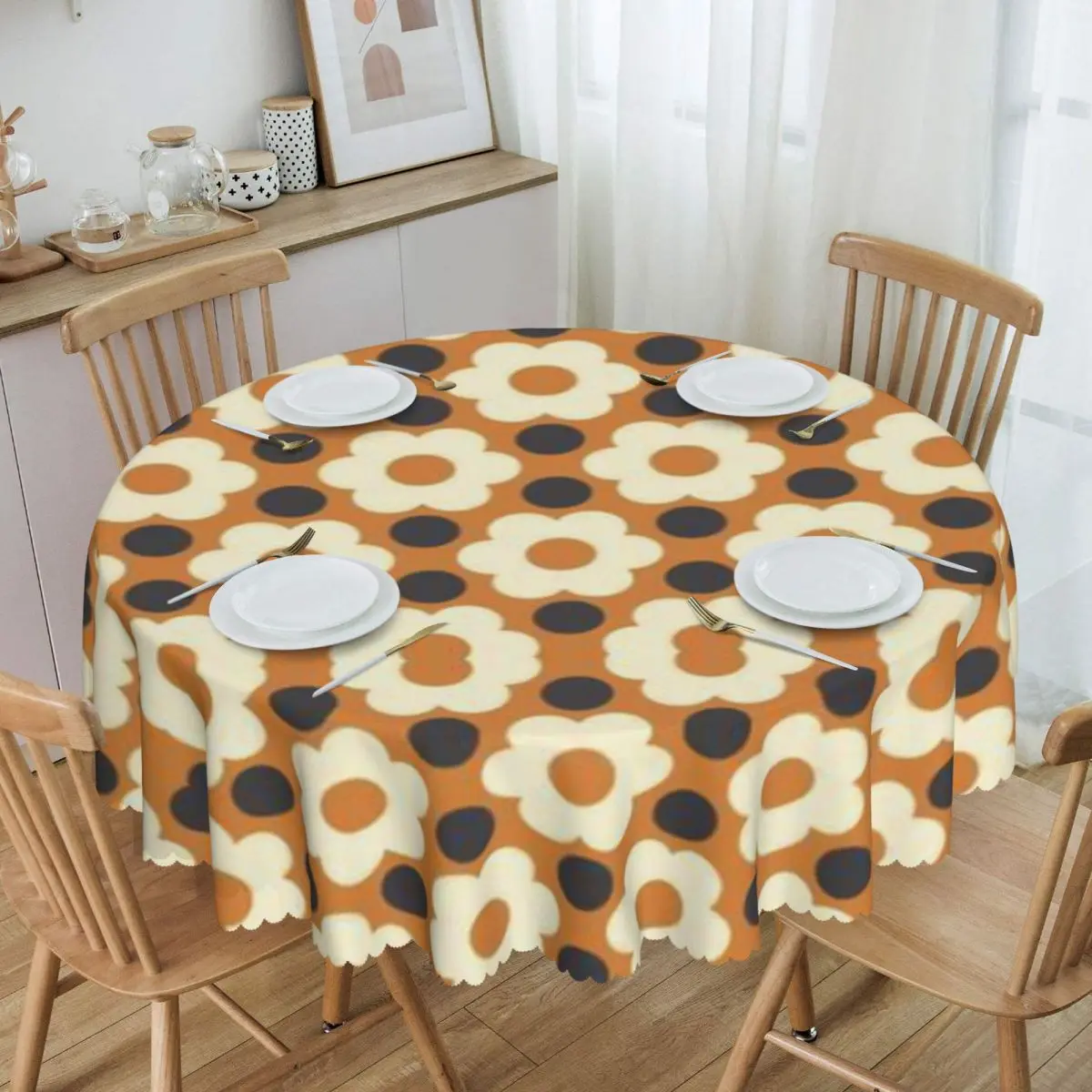 Customized Orla Kiely Multi Stem Round Tablecloths 60 Inches Retro Geometric Scandi Table Cover for Dining Table Cloth