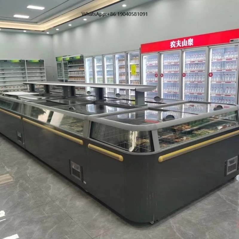 Commercial Combined Island Freezer Horizontal Small Window Glass Lid Freezer for Frozen Food
