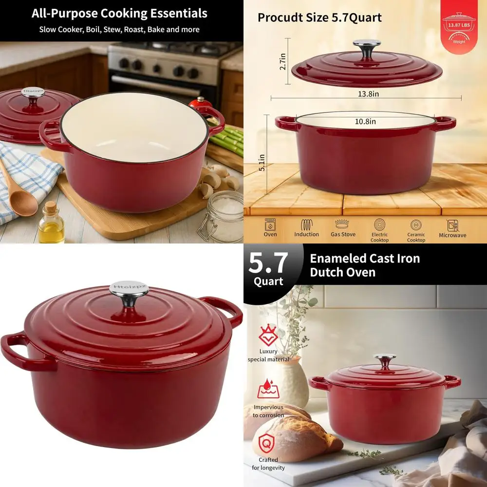 

Эмалированная жаровня (голландская печь) объемом 5,7 кварты с крышкой, универсальная для выпечки, тушения, жарки, приготовления рагу, подходит для духовки до 260°C (500°F) ° F, Красный