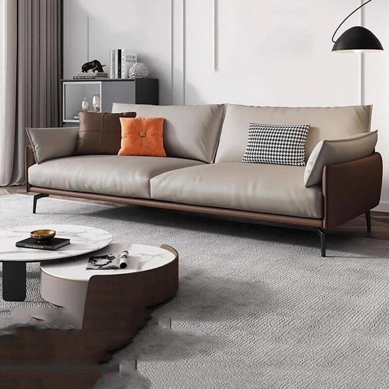 Minimalist Living Room Sofa, Luxury Leather Italian Design, Individual Modern Wooden Style, Designer Canape Salon Home Furniture
