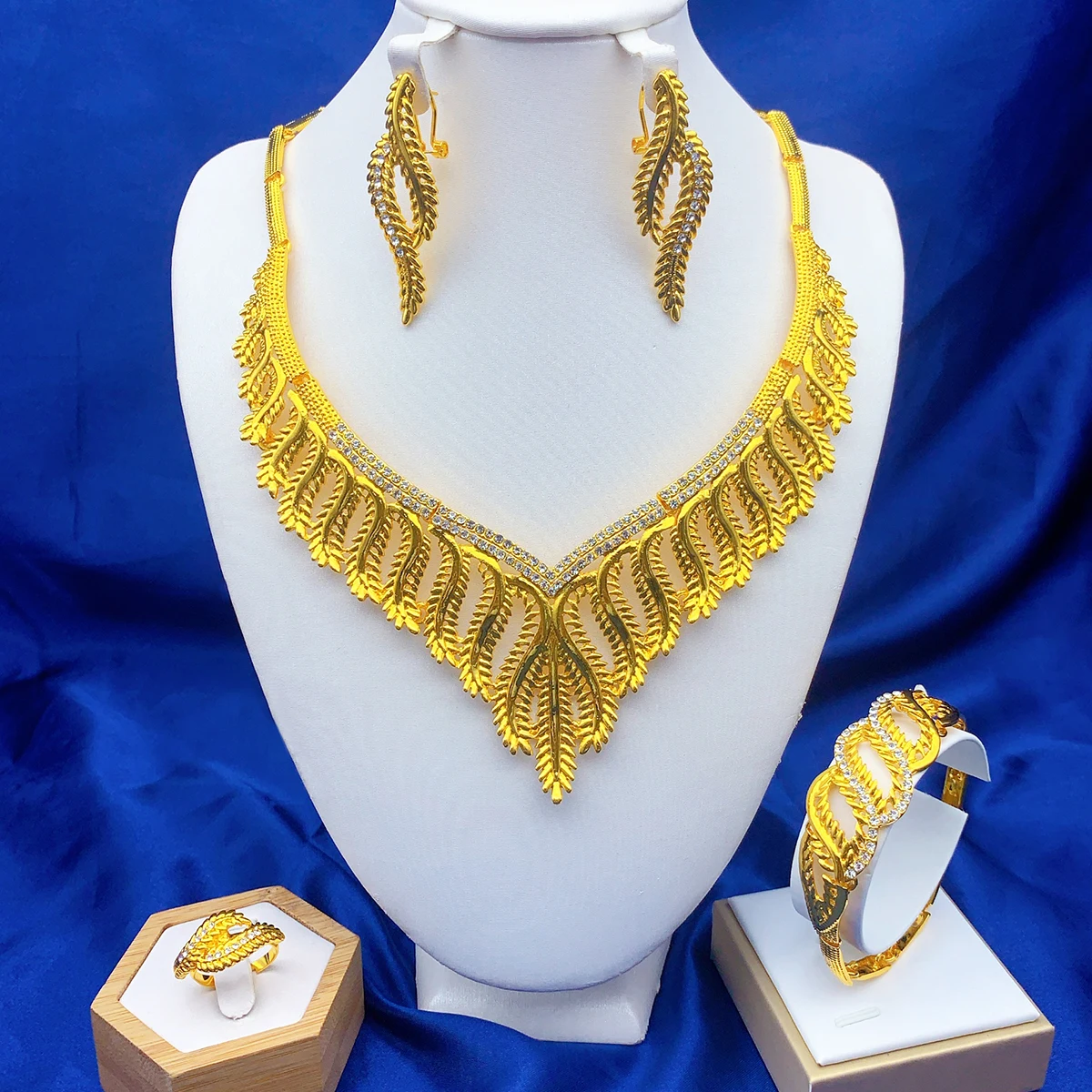 Luxury France Dubai 24k Gold Color Jewelry Set For Women Bridal Wedding Crystal Necklace And Earrings Set African Party Gifts