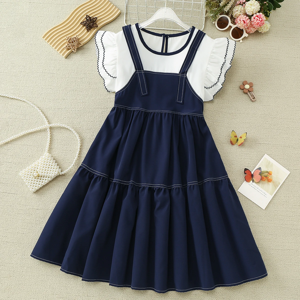 Baby Kids School Preppy Dresses for Girls Outfits Patchwork Dress Summer Short Sleeve Children Lolita Costumes 6 7 9 11 13 Years