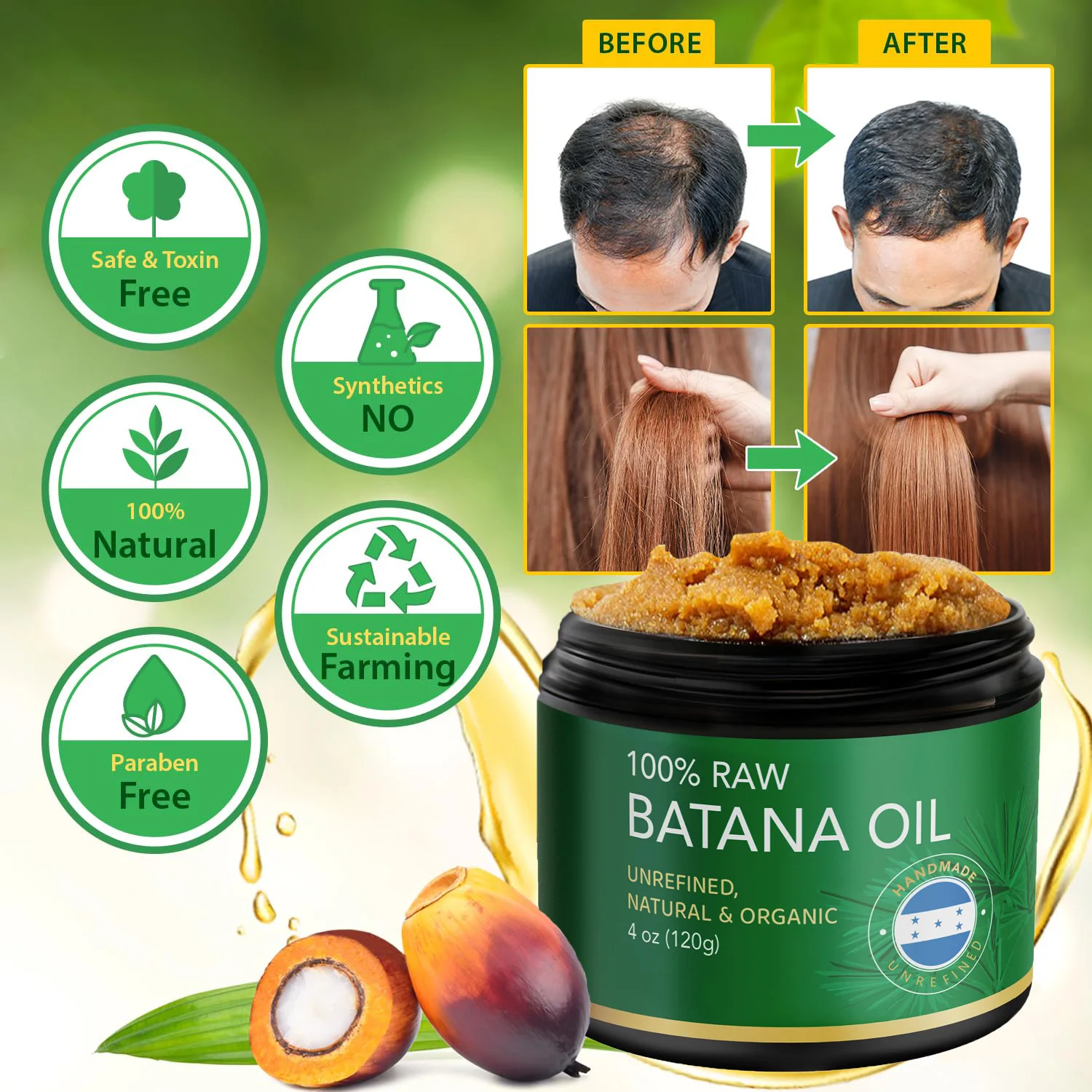 Raw Batana Oil for Hair Growth, 100% Natural Pure Unrefined Organic for Prevent Hair Loss, Enhances Thickness for Men & Women