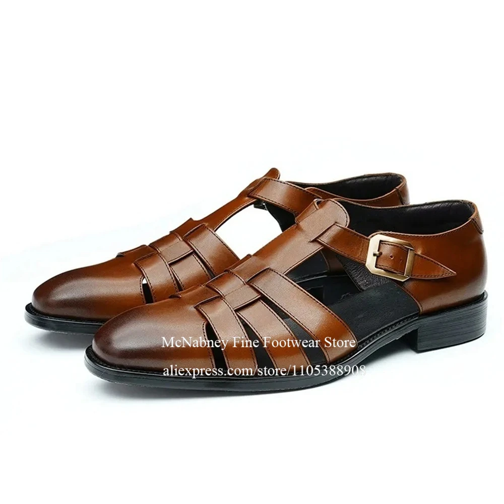 Classic Men Leather Sandals Shoes Strappy ankle buckle fisher man sandals British Style Dress Sandals for men plus size - view 6