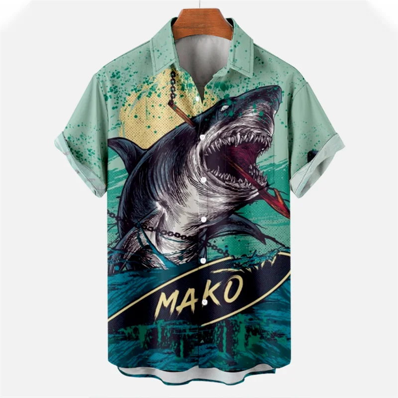 3D Print Horror Animal Shark Shirts For Men Clothes Fahsion Surfing Shirts & Blouses Vacation Casual Lapel Blouse Y2k Beach Tops