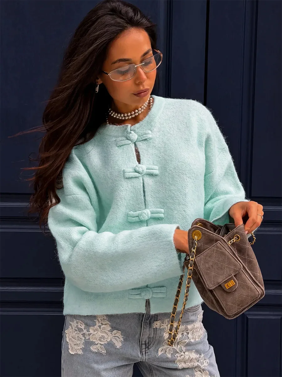 Women's Retro Buckle Long Sleeve Knit Sweater Cardigan - Multicolor