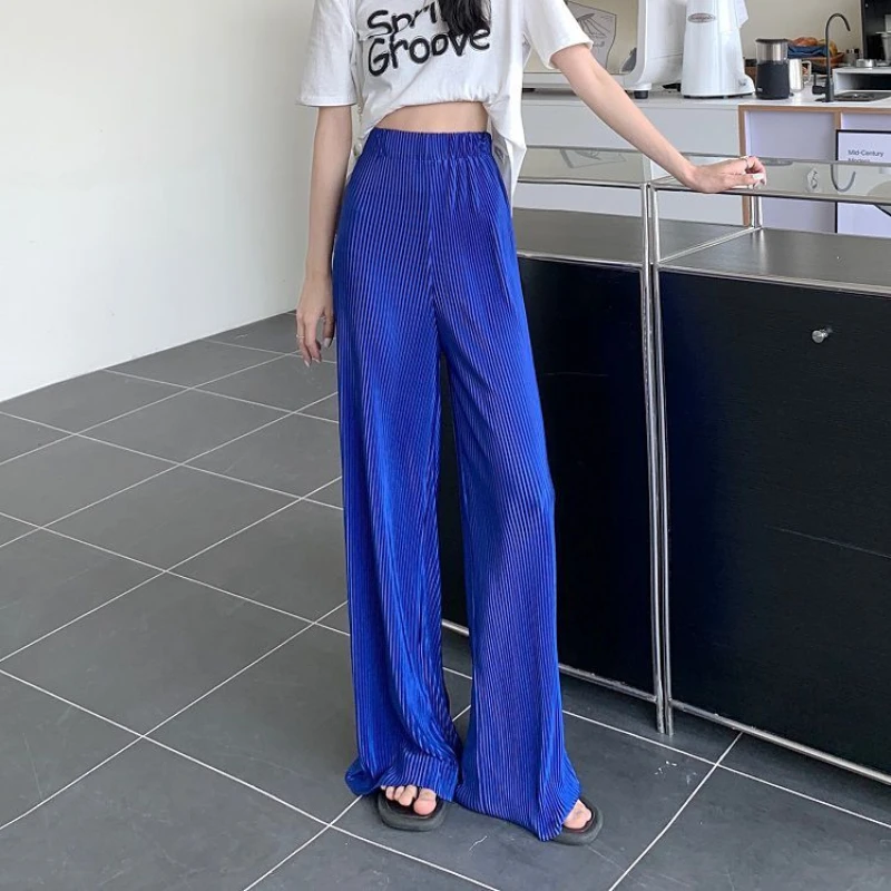 Ice Silk Elastic Waist Loose Casual Wide Leg Pants Summer New Solid Simplicity Fashion Straight Pants Trend Korean Women Clothes