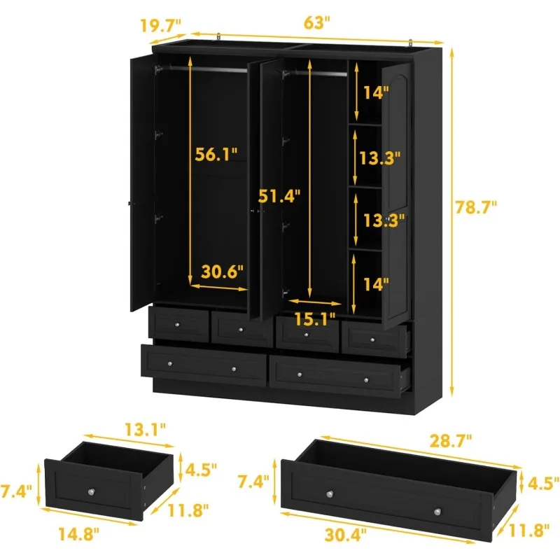 4 Door Wardrobe Closet with Mirror & 6 Drawers,Wardrobe Armoire Closet with 2 Hanging Rods, Armoire Wardrobe with 4 Tier Shelves