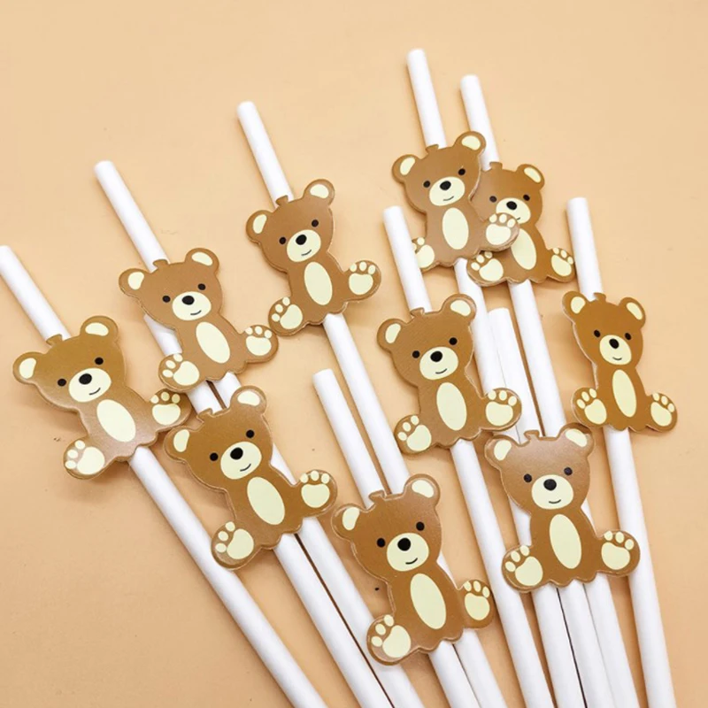 10Pcs Brown Bear Paper Straws Disposable Drinking Straw Kids 1st Boy Girl Birthday Party DIY Decoration Supplies Baby Shower