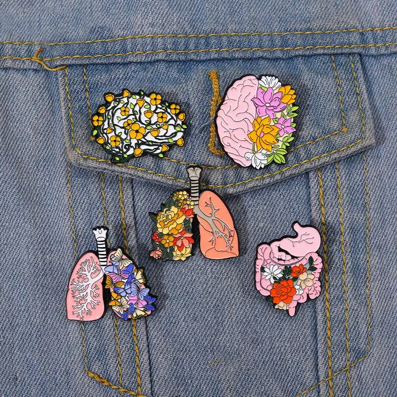 Broches de esmalte de órgão floral, broches personalizados para cérebro, pulmão, intestino, estômago, emblemas de lapela, planta de desenho animado, j