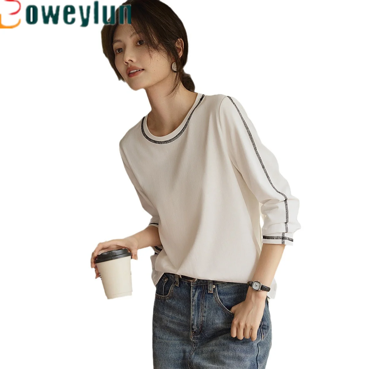 

Boweylun Autumn New Casual Round Neck Long Sleeve T-shirt Women Comfortable Skin-friendly Tops Girls