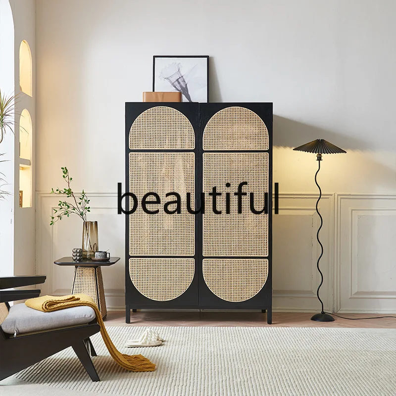 

Nordic solid wood rattan storage locker simple modern black cabinet bed and breakfast bedroom double door coat cabinet