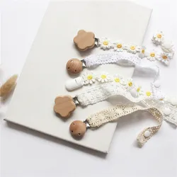 Daisy Embroidered Baby Beech Wood Pacifier Clip Cotton Rope Nipple Chain For Baby Newborn Dummy Nipple Holder for Teething Toys